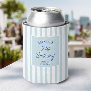 Custom 21st Birthday Preppy Blue Striped Party Can Cooler