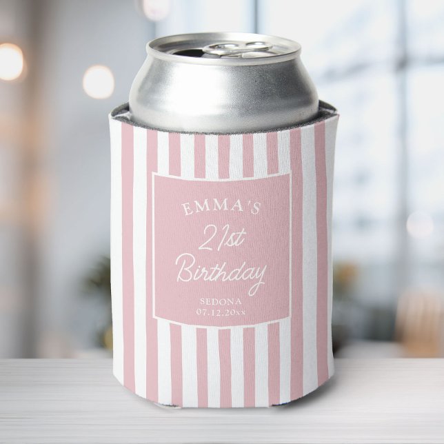 Custom 21st Birthday Preppy Pink Striped Party Can Cooler (Creator Uploaded)
