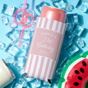 Custom 21st Birthday Preppy Pink Striped Party Seltzer Can Cooler