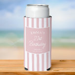 Custom 21st Birthday Preppy Pink Striped Party Seltzer Can Cooler<br><div class="desc">Celebrate a milestone birthday in timeless, preppy style. This elegant 21st birthday can cooler features soft pink vertical stripes and classic typography, personalized with a name, age, location, and date. Perfect for chic birthday parties, bachelorette weekends, girls trips or destination celebrations, it keeps drinks cold while doubling as a stylish...</div>