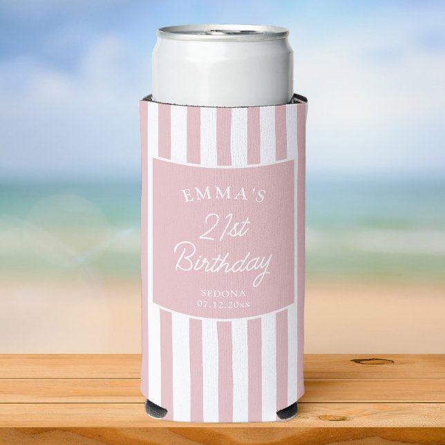Custom 21st Birthday Preppy Pink Striped Party Seltzer Can Cooler (Creator Uploaded)
