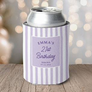 Custom 21st Birthday Preppy Purple Striped Party Can Cooler