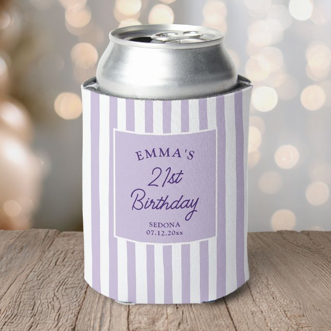 Custom 21st Birthday Preppy Purple Striped Party Can Cooler (Creator Uploaded)