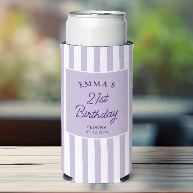 Custom 21st Birthday Preppy Purple Striped Party Seltzer Can Cooler (Creator Uploaded)
