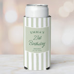 Custom 21st Birthday Preppy Sage Striped Party Seltzer Can Cooler<br><div class="desc">Celebrate a milestone birthday in timeless, preppy style. This elegant 21st birthday can cooler features soft sage green vertical stripes and classic typography, personalized with a name, age, location, and date. Perfect for chic birthday parties, bachelorette weekends, girls trips or destination celebrations, it keeps drinks cold while doubling as a...</div>