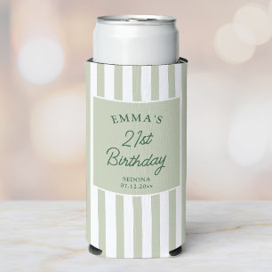 Custom 21st Birthday Preppy Sage Striped Party Seltzer Can Cooler