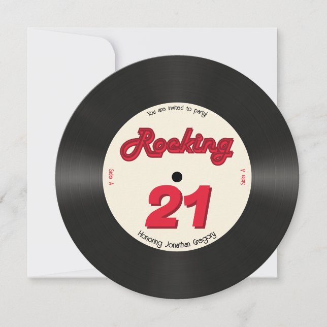 Custom 21st Birthday Retro Music Record Rocking Invitation (Front)