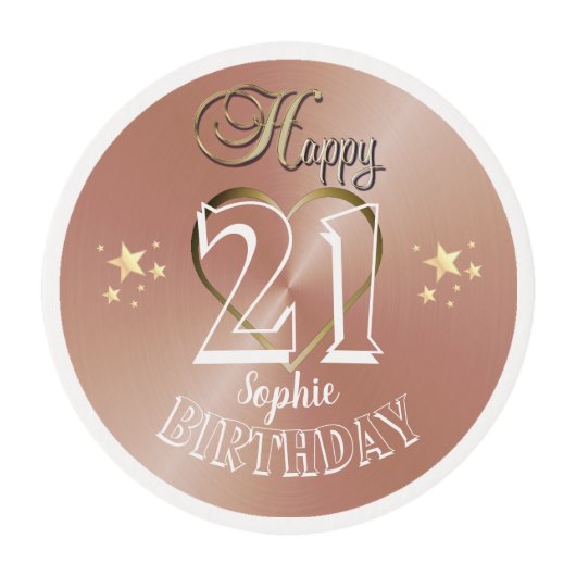 Custom 21st Rose Gold Birthday Cupcake Toppers Edible Frosting Rounds (Front)