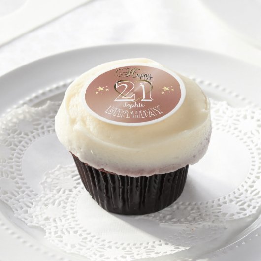 Custom 21st Rose Gold Birthday Cupcake Toppers Edible Frosting Rounds (Cupcake)