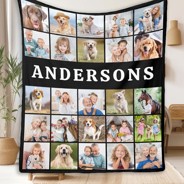 Custom 25 Photo Collage Personalized Family Name Fleece Blanket (Creator Uploaded)