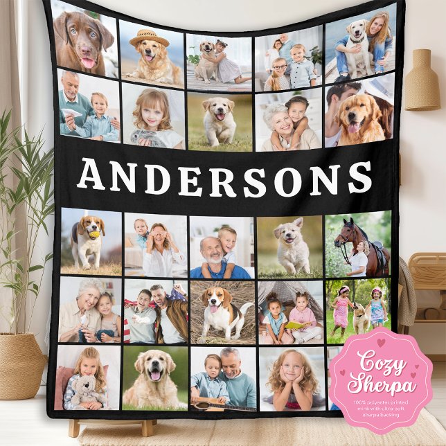 Custom 25 Photo Collage Personalized Family Name Sherpa Blanket (Creator Uploaded)