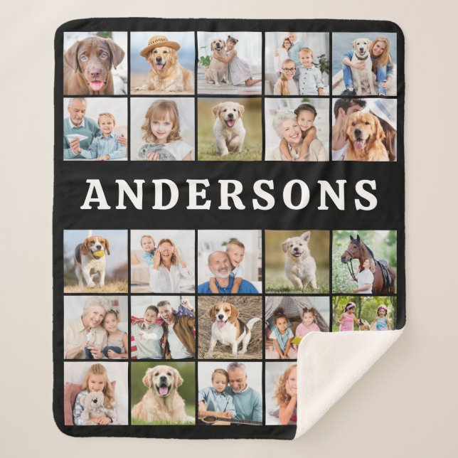 Custom 25 Photo Collage Personalized Family Name Sherpa Blanket (Front)