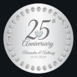 Custom 25th Wedding Anniversary Diamonds Silver Classic Round Sticker<br><div class="desc">Add these elegant 25th anniversary stickers / seals to your envelopes and / or favors.  Silver with black letters,  faux diamond heart and silver glitter to add that extra touch of class and sparkle!.  Editable template sticker labels - add name and date.</div>