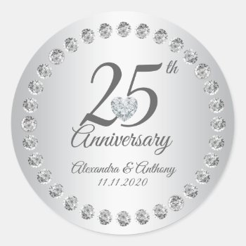 Custom 25th Wedding Anniversary Diamonds Silver Classic Round Sticker by UniqueWeddingShop at Zazzle