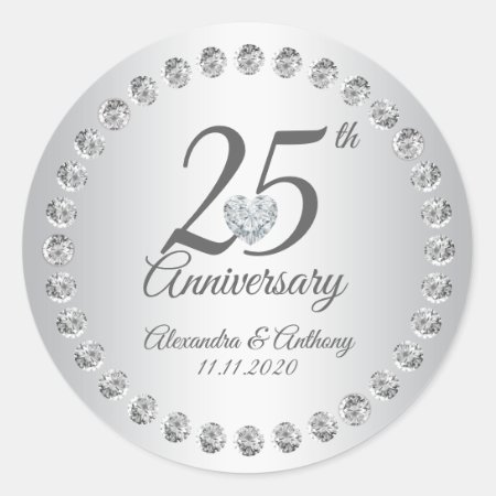 Custom 25th Wedding Anniversary Diamonds Silver Classic Round Sticker