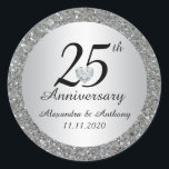 Custom 25th Wedding Anniversary Envelope Seals<br><div class="desc">Add these elegant 25th anniversary stickers / seals to your envelopes and / or favors.  Silver with black letters,  faux diamond heart and silver glitter to add that extra touch of class and sparkle!.  Editable template sticker labels - add name and date.</div>