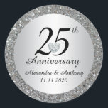 Custom 25th Wedding Anniversary Envelope Seals<br><div class="desc">Add these elegant 25th anniversary stickers / seals to your envelopes and / or favors.  Silver with black letters,  faux diamond heart and silver glitter to add that extra touch of class and sparkle!.  Editable template sticker labels - add name and date.</div>