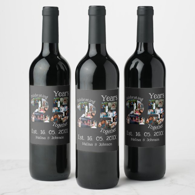 Custom 25th wedding anniversary photo collage wine label (Bottles)