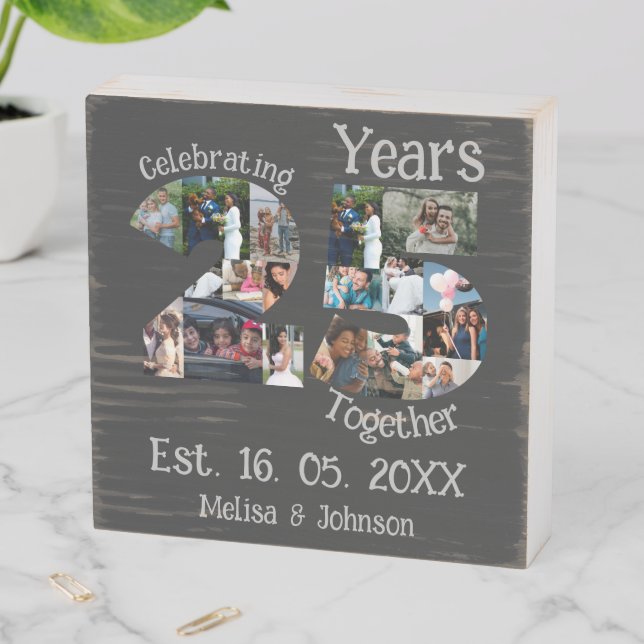 Custom 25th wedding anniversary photo collage wooden box sign (In Situ Horizontal)