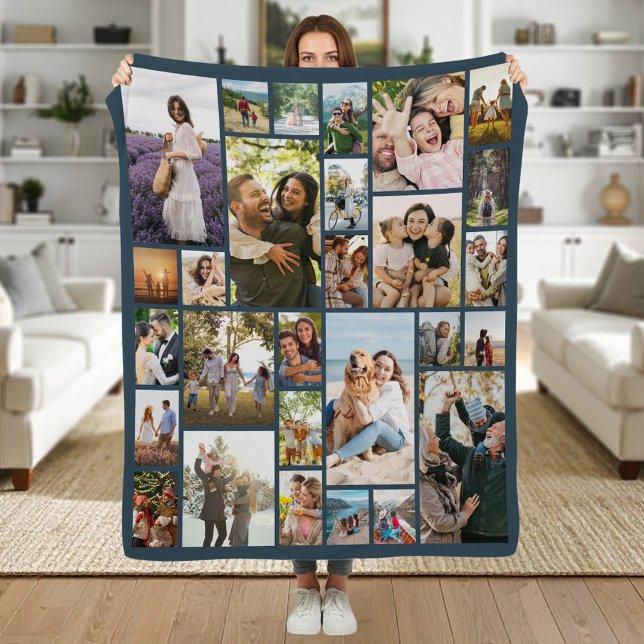 Custom 28 Photo Collage Blue Fleece Blanket (Creator Uploaded)