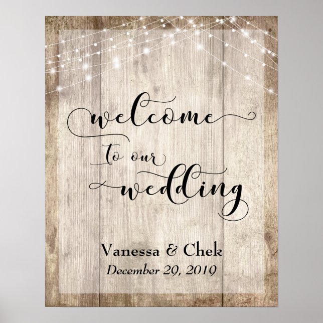 Custom 2 Brown Wood & Lights Wedding Welcome Sign (Front)