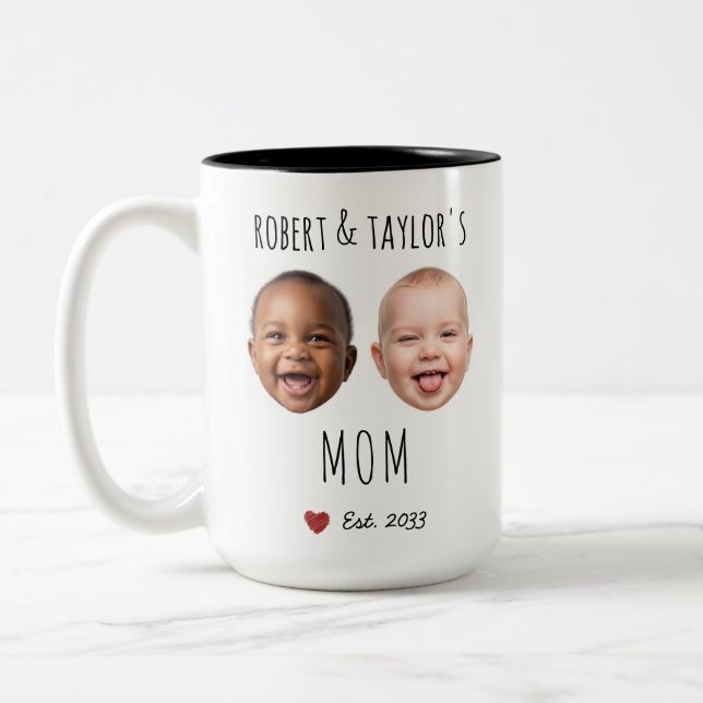 Custom 2 Kids Faces & Names Personalized Mom Gift Two-Tone Coffee Mug (Left)