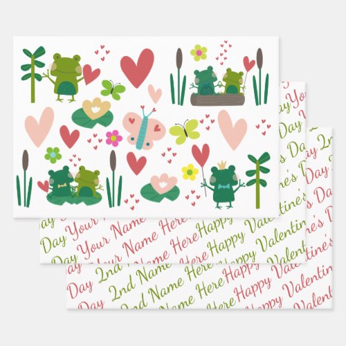 Custom 2_Name Cute Frog Couple Valentines Day Wrapping Paper Sheets
