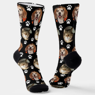 Custom 2 Pet Photo Black Paw Prints Socks