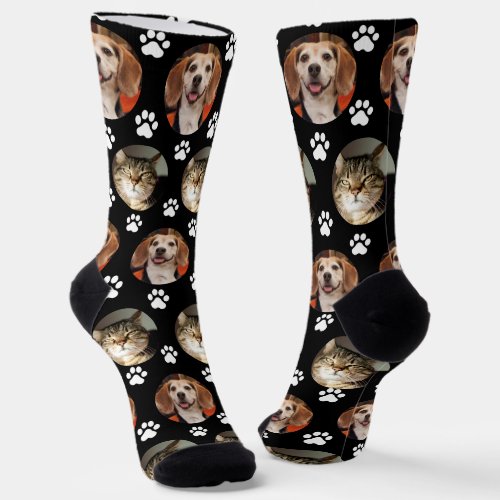  Custom 2 Pet Photo Black Paw Prints Socks