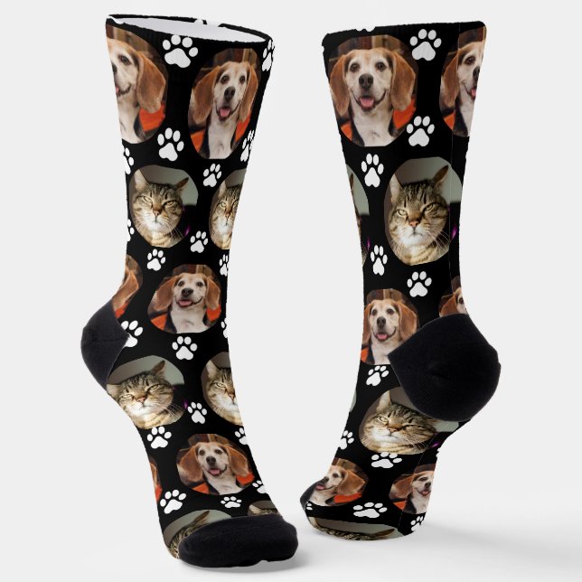  Custom 2 Pet Photo Black Paw Prints Socks (Angled)