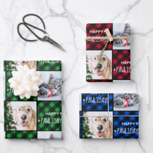 Custom 2 Pet Photo Happy Pawlidays Buffalo Plaid Wrapping Paper Sheets