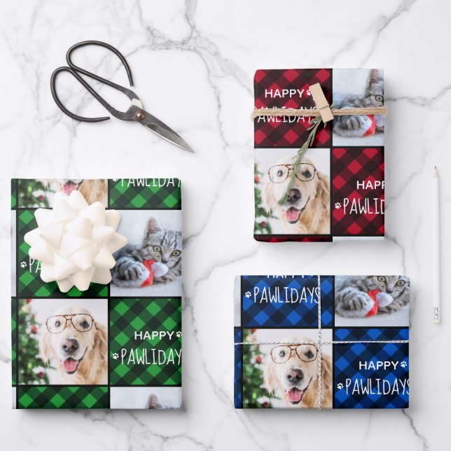 Custom 2 Pet Photo Happy Pawlidays Buffalo Plaid Wrapping Paper Sheets (Front)