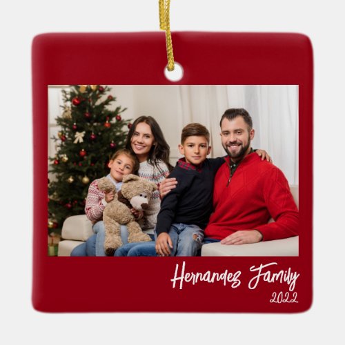 Custom 2_Photo 2_sided Family Photo Simple Red Ceramic Ornament