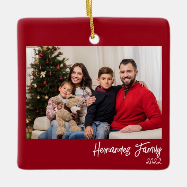 Custom 2-Photo 2-sided Family Photo Simple Red Ceramic Ornament (Front)