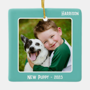 Custom 2-Photo 2 Sided Teal Event Milestone Ceramic Ornament