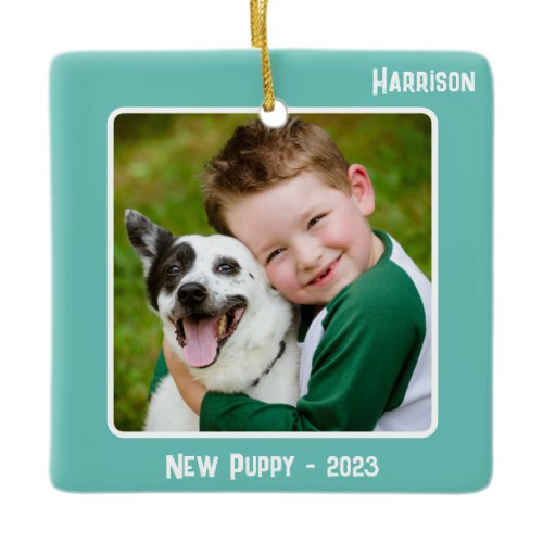 Custom 2-Photo 2 Sided Teal Event Milestone Ceramic Ornament