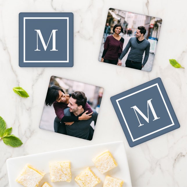 Custom 2 Photo and Monogram Editable Colors Coaster Set (In Situ)