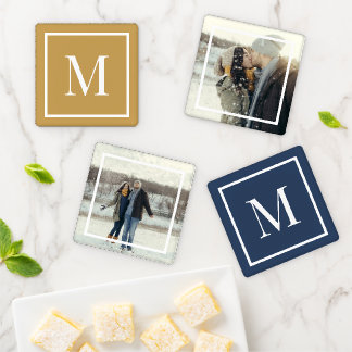 Custom 2 Photo and Monogram Editable Colors Coaster Set