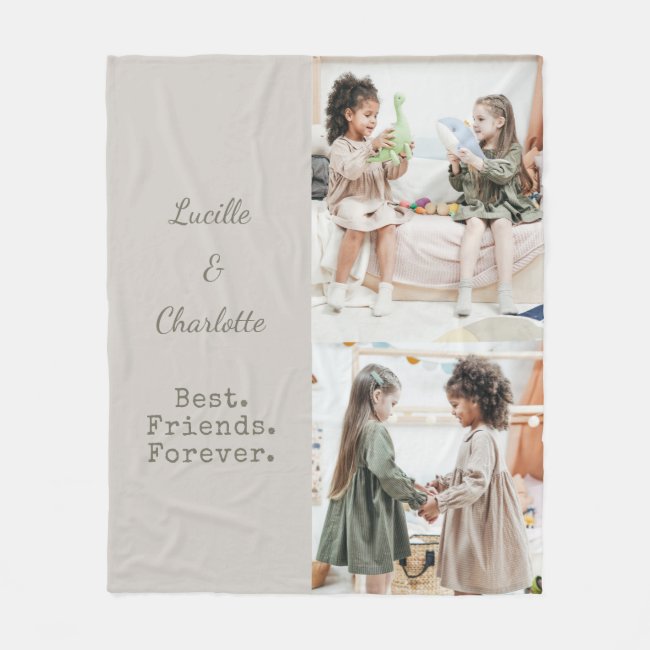 Custom 2 Photo Best Friends Sage Taupe Names Fleece Blanket