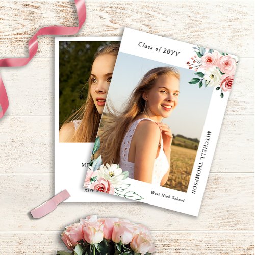 Custom 2 Photo Blush Floral Graduation Invitation