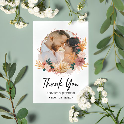 Custom 2 Photo  Boho Floral Wildflower Wedding  Thank You Card