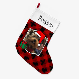 Custom 2 Photo Christmas Red & Black Plaid Pet Large Christmas Stocking