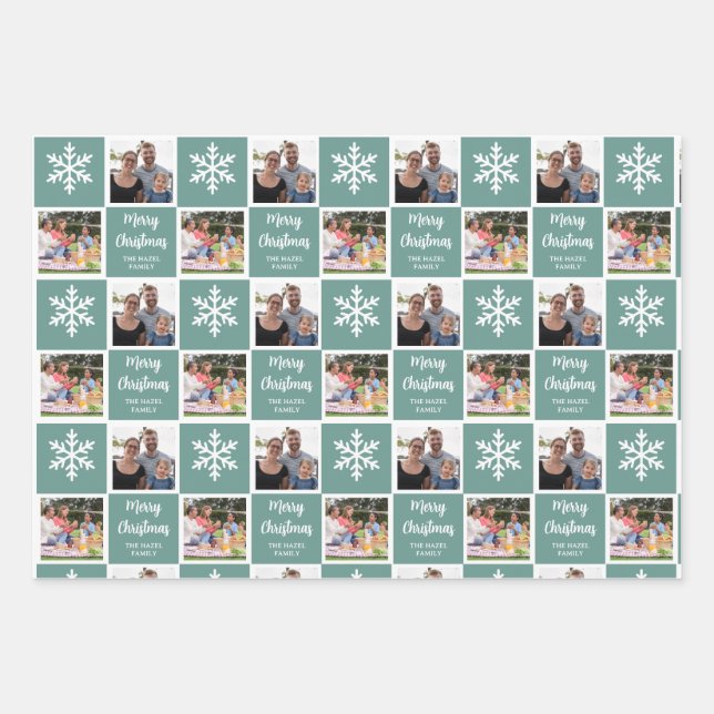 Custom 2 Photo Christmas Snowflakes Teal  Wrapping Paper Sheets (Front)