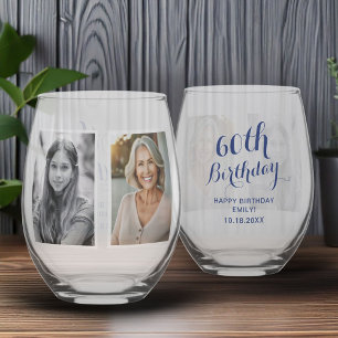 Custom 2 Photo Collage 60th Birthday  Stemless Wine Glass