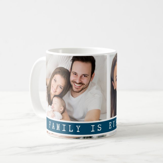 Custom 2 Photo Collage Family Picture Quote Blue Coffee Mug (Front Left)