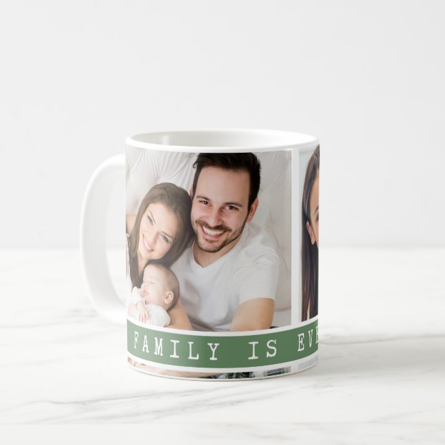 Custom 2 Photo Collage Family Picture Quote Green Coffee Mug (Front Left)