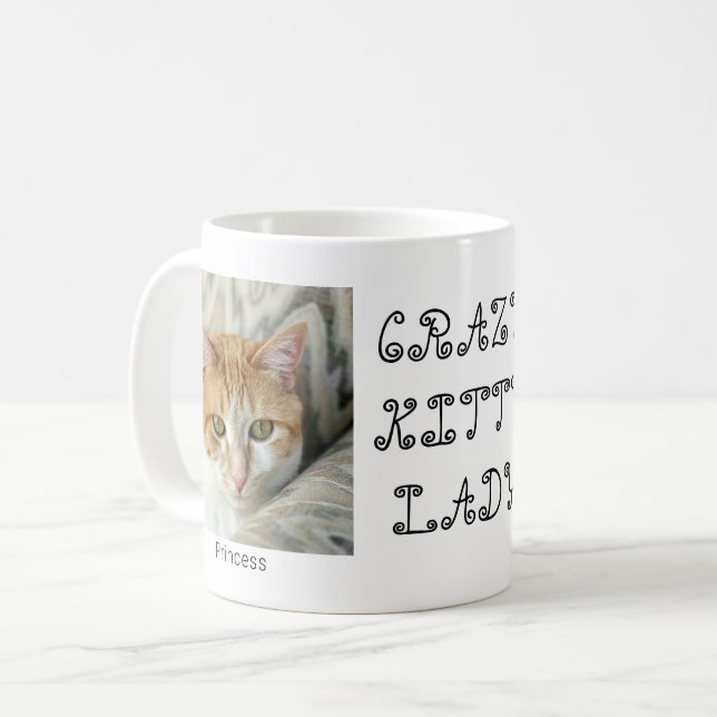 Custom 2 Photo Crazy Kitty Lady Cute Coffee Mug (Front Left)