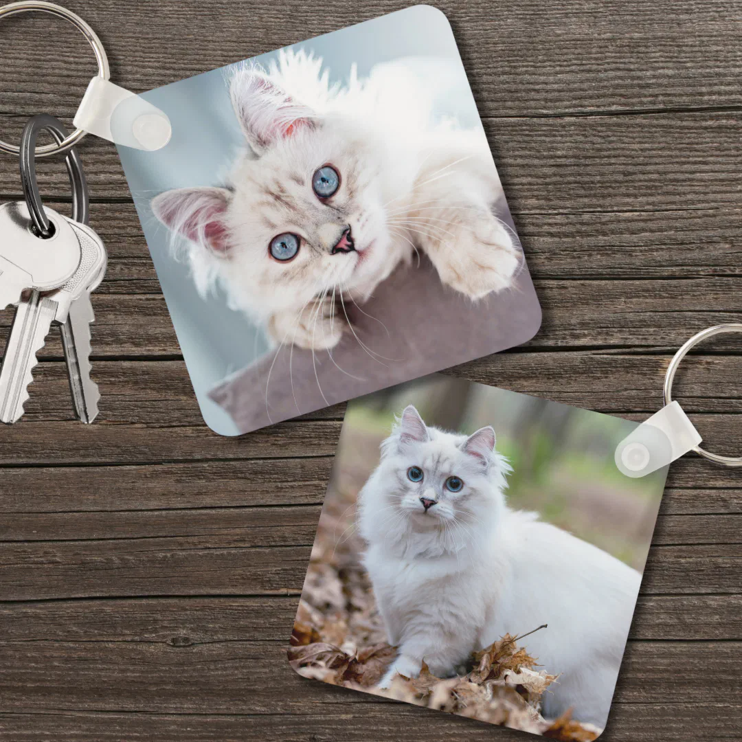 Custom double-sided cat photo keychain featuring two cat pet pictures.