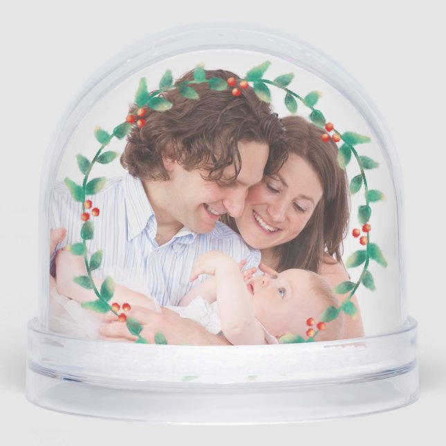 Custom 2 Photo Elegant Holly Wreath  Snow Globe (Front)