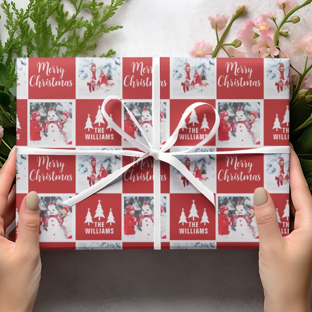  Custom 2 Photo Family Christmas Wrapping Paper (Custom Name Photo Pattern Red Merry Christmas Wrapping Paper
)